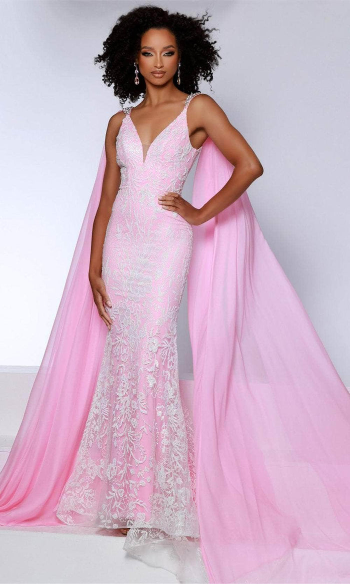 Johnathan Kayne 2826 - Long Cape Embroidered Prom Dress Prom Dresses 00 / Petal Pink
