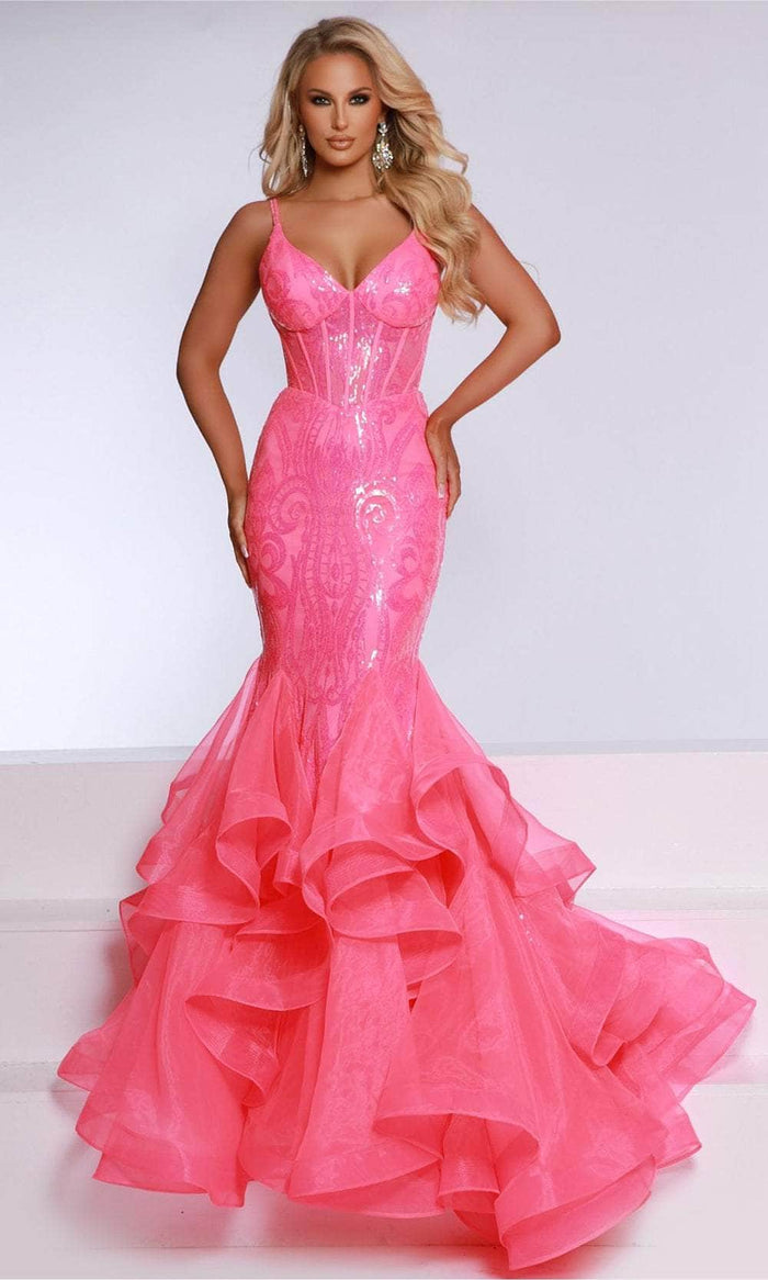 Johnathan Kayne 2835 - V-Neck Ruffle Mermaid Prom Dress Prom Dresses 00 / Hot Pink