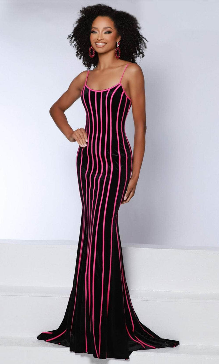 Johnathan Kayne 2863 - Striped Scoop Neck Evening Dress Evening Dresses 00 / Black-Hot Pink