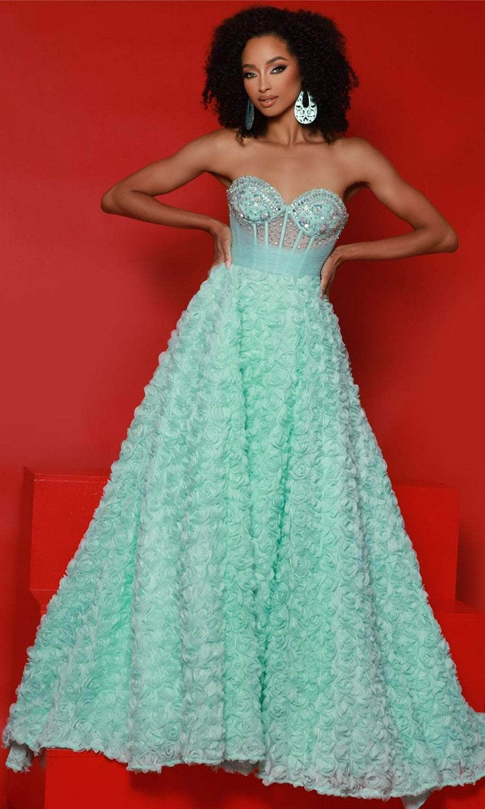 Johnathan Kayne 2907 - 3D Rose Embellished Strapless Ballgown Ball Gowns 00 / Aqua