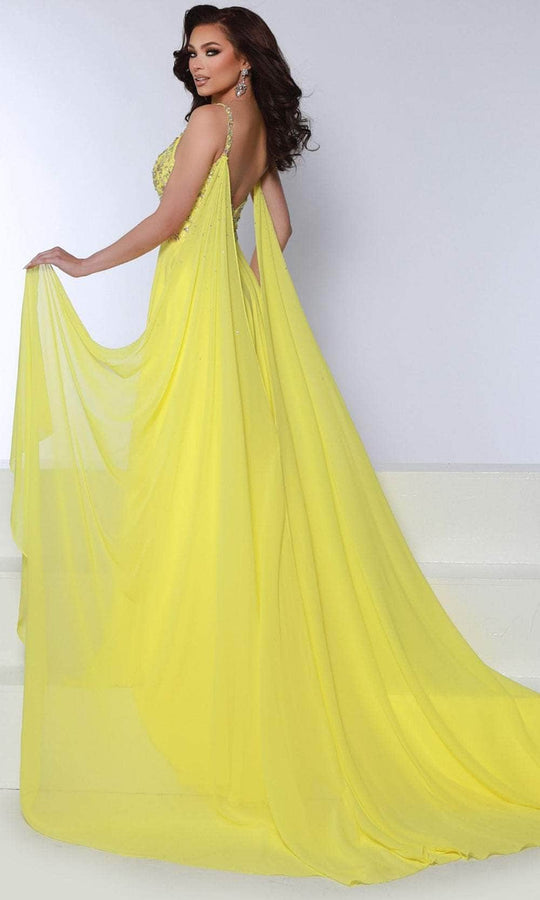 Johnathan Kayne 3048 - Deep V-Neck Chiffon Prom Gown with Cape