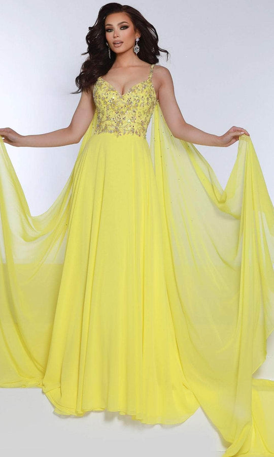 Johnathan Kayne 3048 - Deep V-Neck Chiffon Prom Gown with Cape
