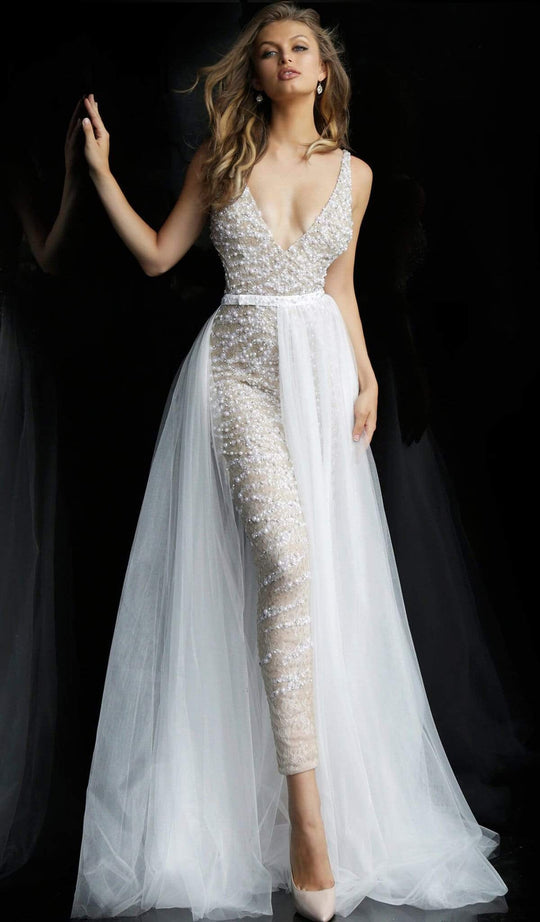 Jovani - 60010 Beaded Deep V-neck Jumpsuit With Tulle Overskirt