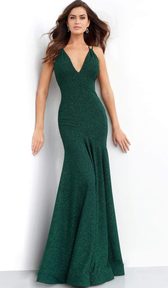 Jovani - 60214 Plunging V-neck Glitter Trumpet Dress