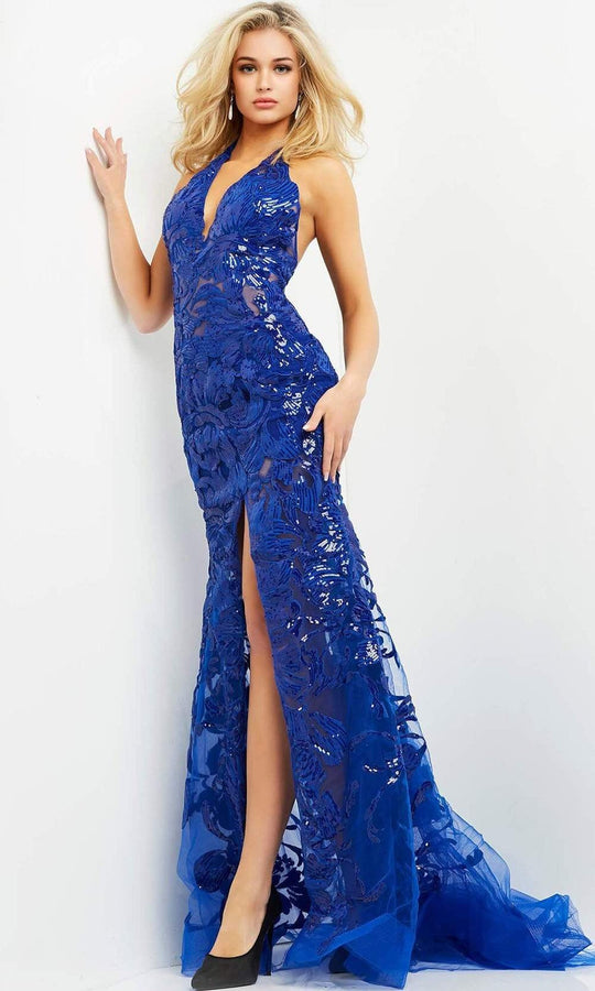 Jovani - 8110 Halter V-Neck Sequin Illusion Evening Gown