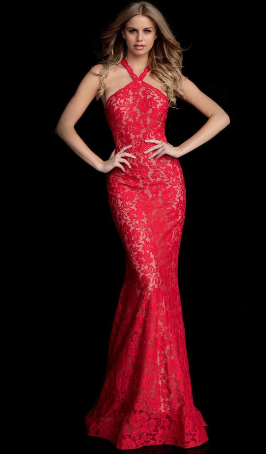 Jovani - Embellished Lace Halter Trumpet Dress 63214SC