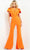 Jovani - 00762 Ruffle Angel Sleeved Split Neckline Jumpsuit Evening Dresses 00 / Orange
