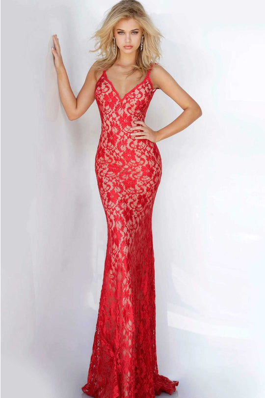 Jovani - 00782 Backless V Neck Allover Lace Fitted Long Dress