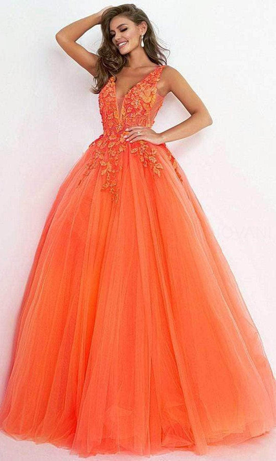 Jovani - 02840 Plunging Neck Floral Applique Tulle Ballgown