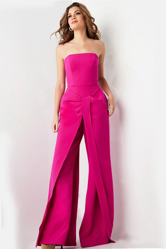 Jovani - 03828 Strapless Straight Neck Wide Leg Evening Jumpsuit
