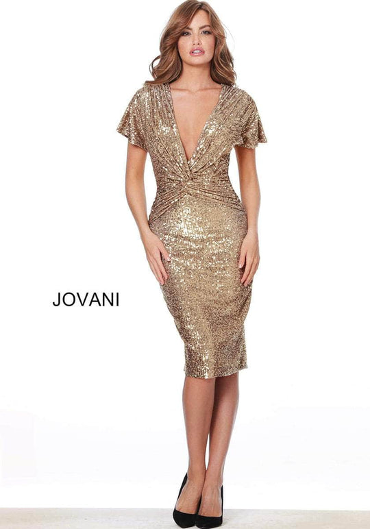 Jovani 03853ASC - Short Sleeve Knotted Waist Cocktail Dress
