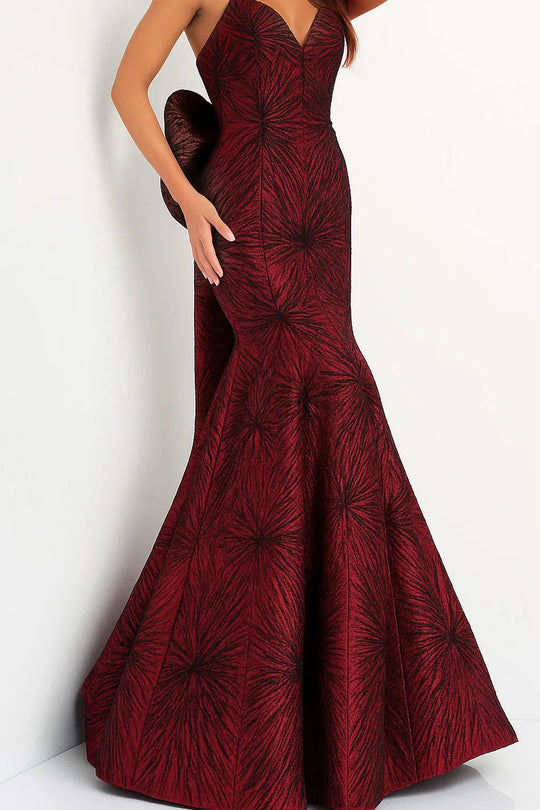 Jovani - 04158 Strapless Bow Accent Open Back Jacquard Evening Dress