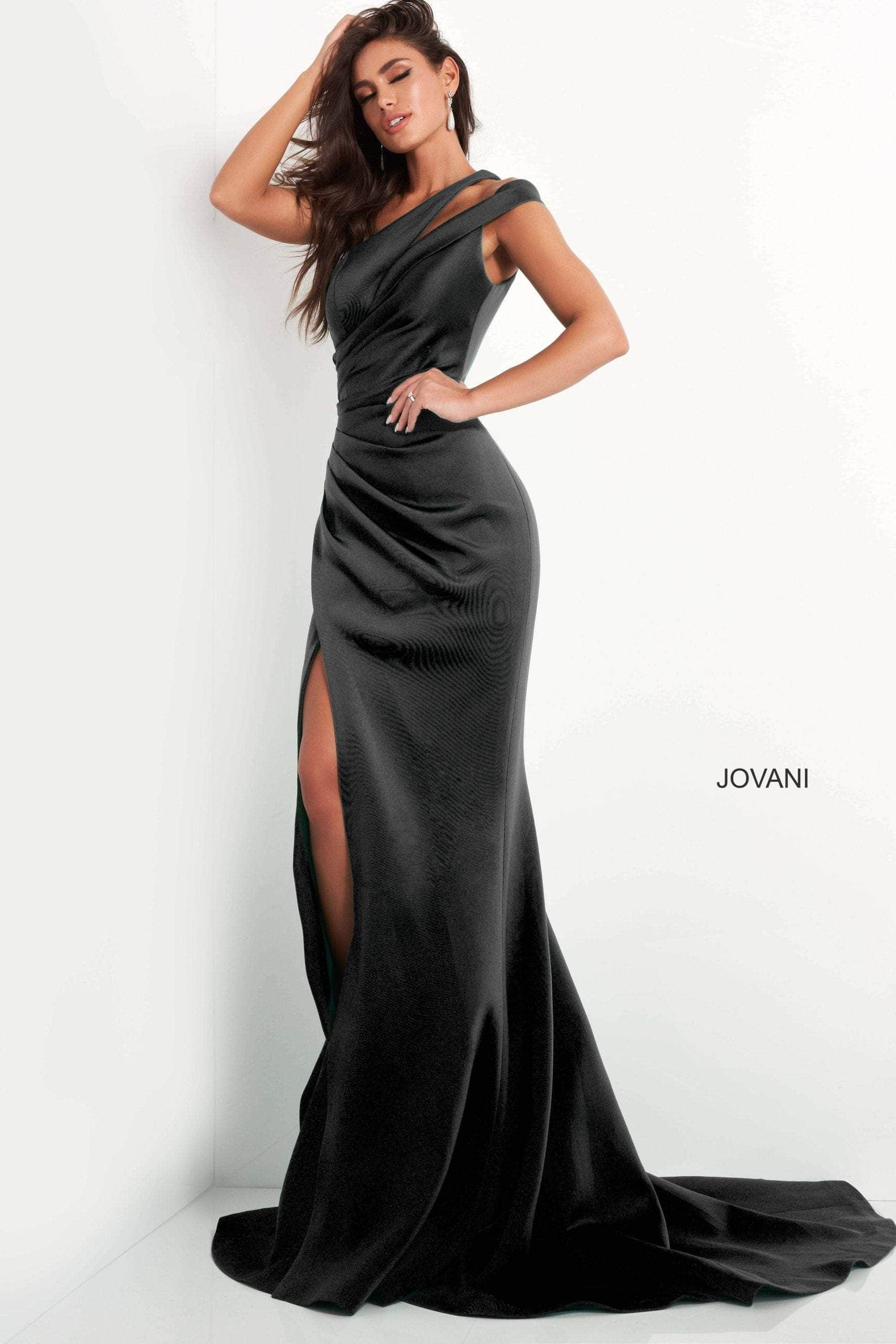 Crepe Fitted One Shoulder Slit Gown by Jovani 04222 20 / Black Crepe Fitted One Shoulder Slit Gown by Jovani 04222 20 / Black