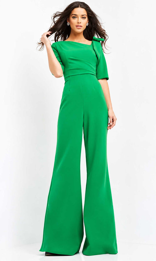 Jovani - 04284 Bow Shoulder Asymmetric Jumpsuit