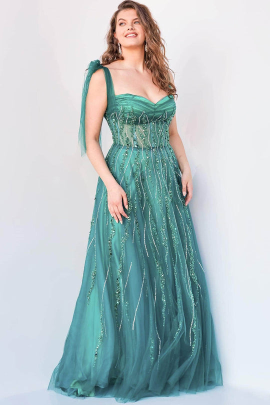 Jovani - 04634 Tie Shoulder Beaded Sweetheart A-Line Gown
