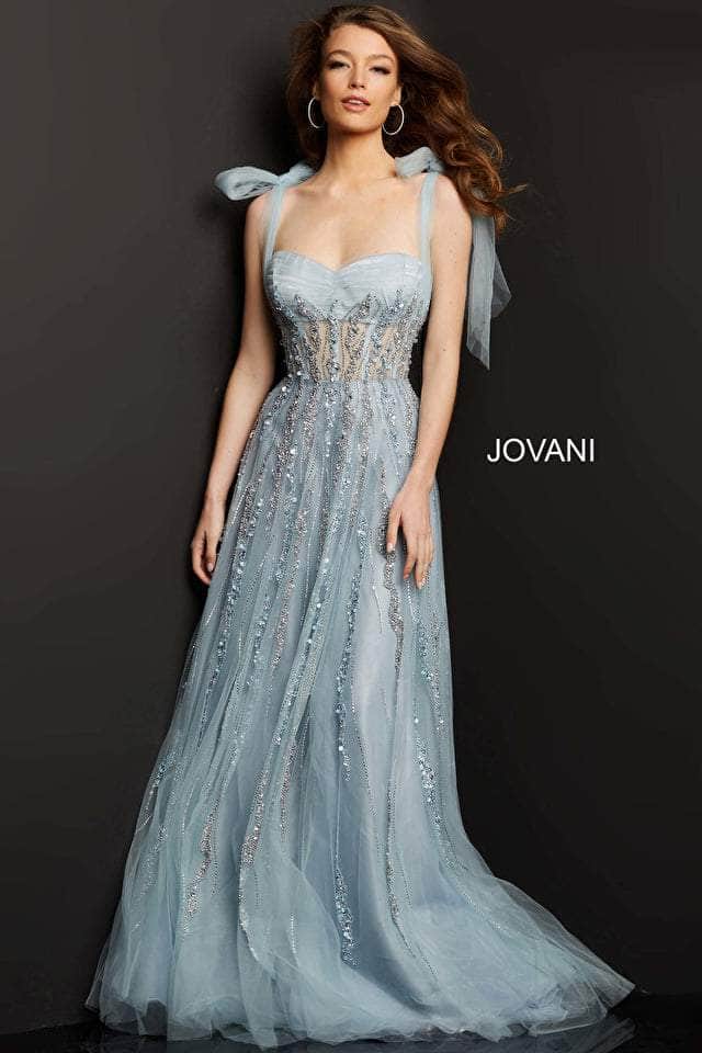Jovani - 04634 Tie Shoulder Beaded Sweetheart A-Line Gown Evening Dresses 6 / Blue