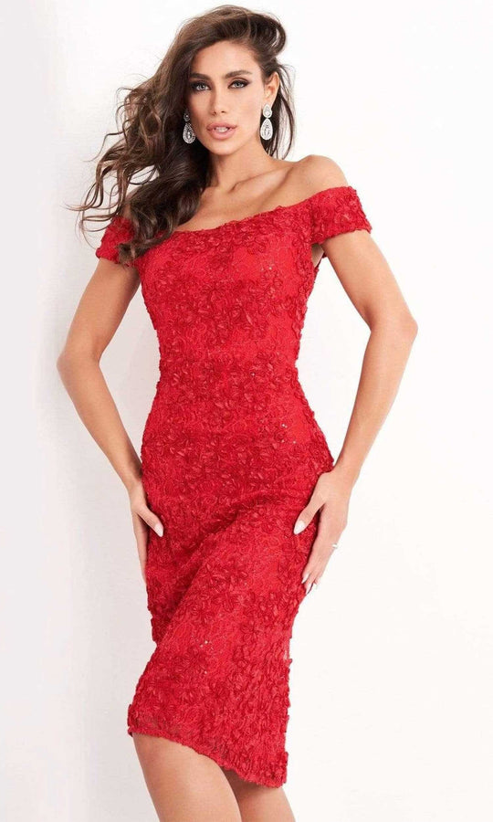 Jovani - 04763 Off-Shoulder Textured Lace Sheath Knee-Length Dress