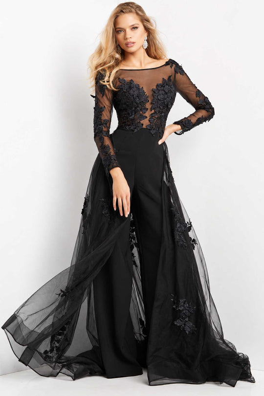 Jovani 06609 - Bateau Overskirt Evening Jumpsuit