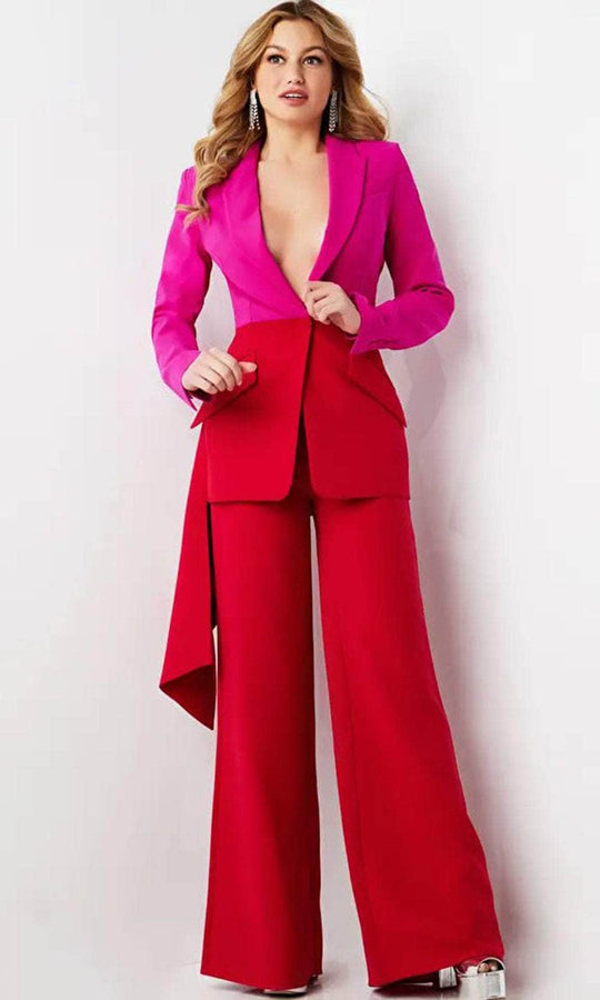 Jovani 07093 - Long Sleeve V-Neck Pantsuit