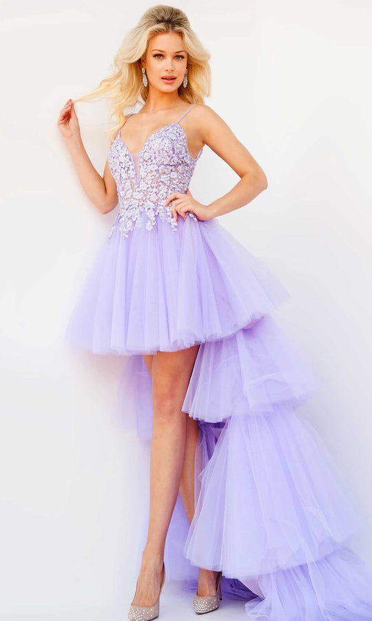 Jovani - 07263 Sheer Floral Embroidered Bodice High Low Prom Dress