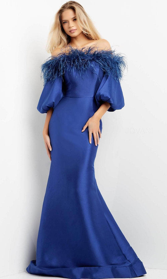 Jovani 08356 - Feather Trimmed Mermaid Evening Dress