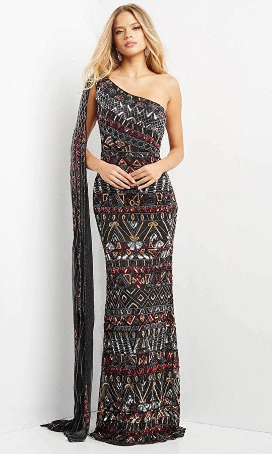Jovani 08450 - Asymmetric with Shoulder Cape Long Dress
