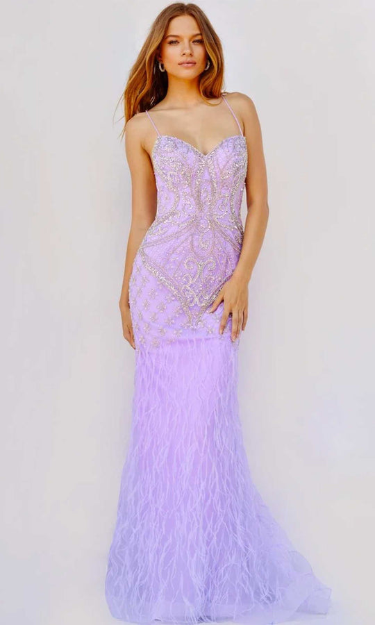 Jovani 08550 - Beaded Feather Fringe Formal Dress