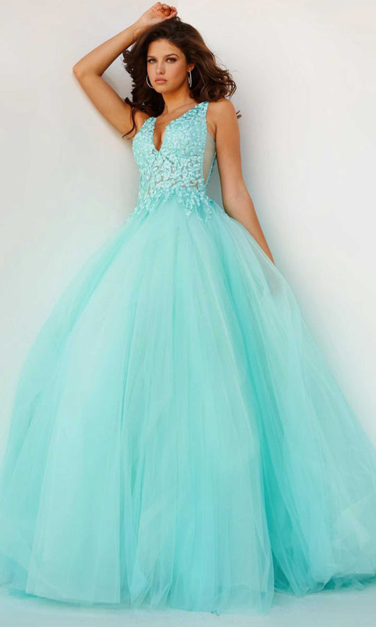 Jovani 08572 - V-Neck Laced Ballgown