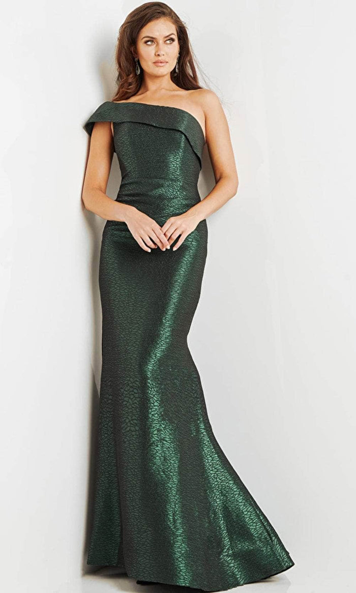 Jovani 09752SC - Asymmetric Neck Jacquard Prom Dress Prom Dresses 12 / Green