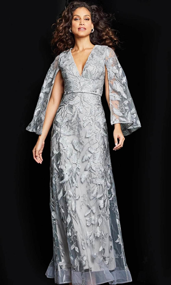 Jovani 09809 - Split Sleeve Lace Evening Dress Mother of the Bride Dresses 00 / Silver