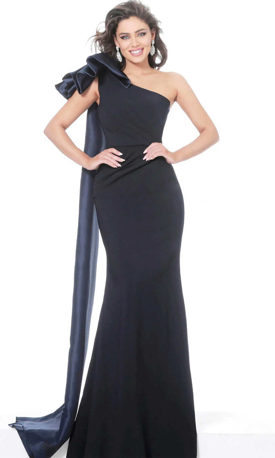 Jovani - 1008 Asymmetric Neck Plain Evening Dress