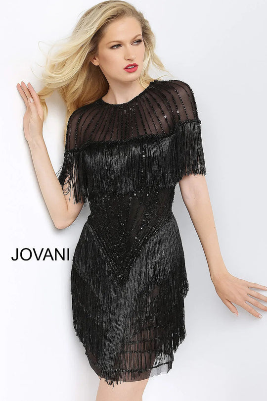 Jovani - 11999 Embellished Jewel Neck Fringe Fitted Dress
