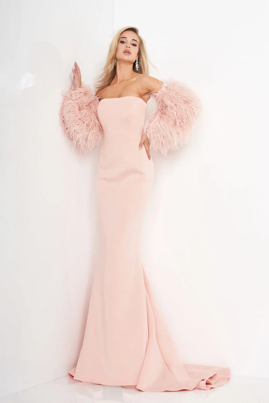 Jovani - 1226 Strapless Trumpet Dress With Feathered Sleeves
