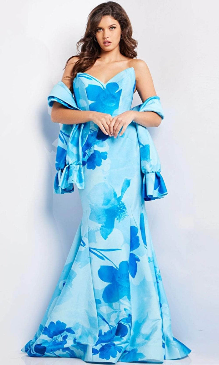 Jovani 22706 - V-Neck Floral Printed Dress Evening Dresses 00 / Blue