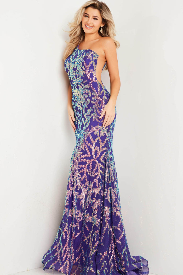 Jovani 22845 - Iridescent Sequined Asymmetric Gown Prom Dresses 00 / Iridescent Purple