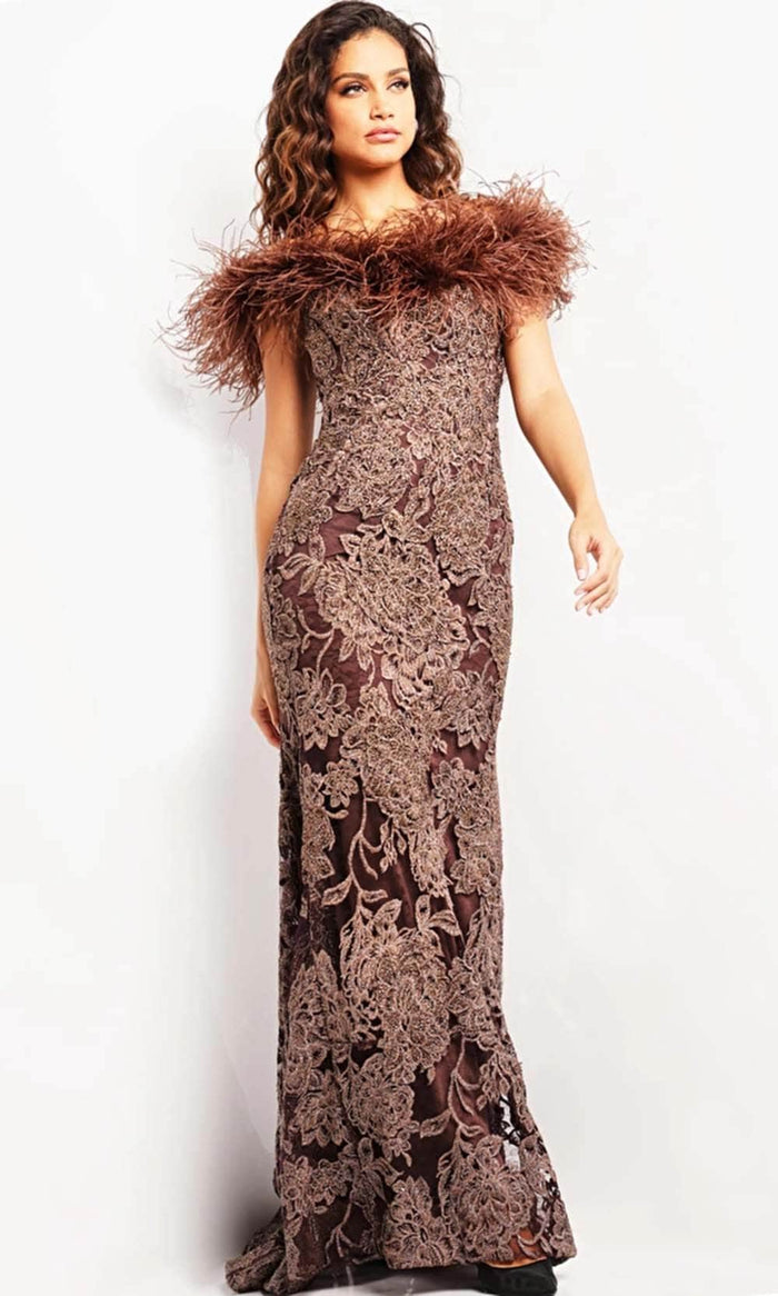 Jovani 23030 - Lace Evening Dress with Feather Fringes Evening Dresses 00 / Brown
