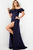 Jovani 23402 - Ruffled Off Shoulder Evening Dress with Slit Evening Dresses 00 / Navy