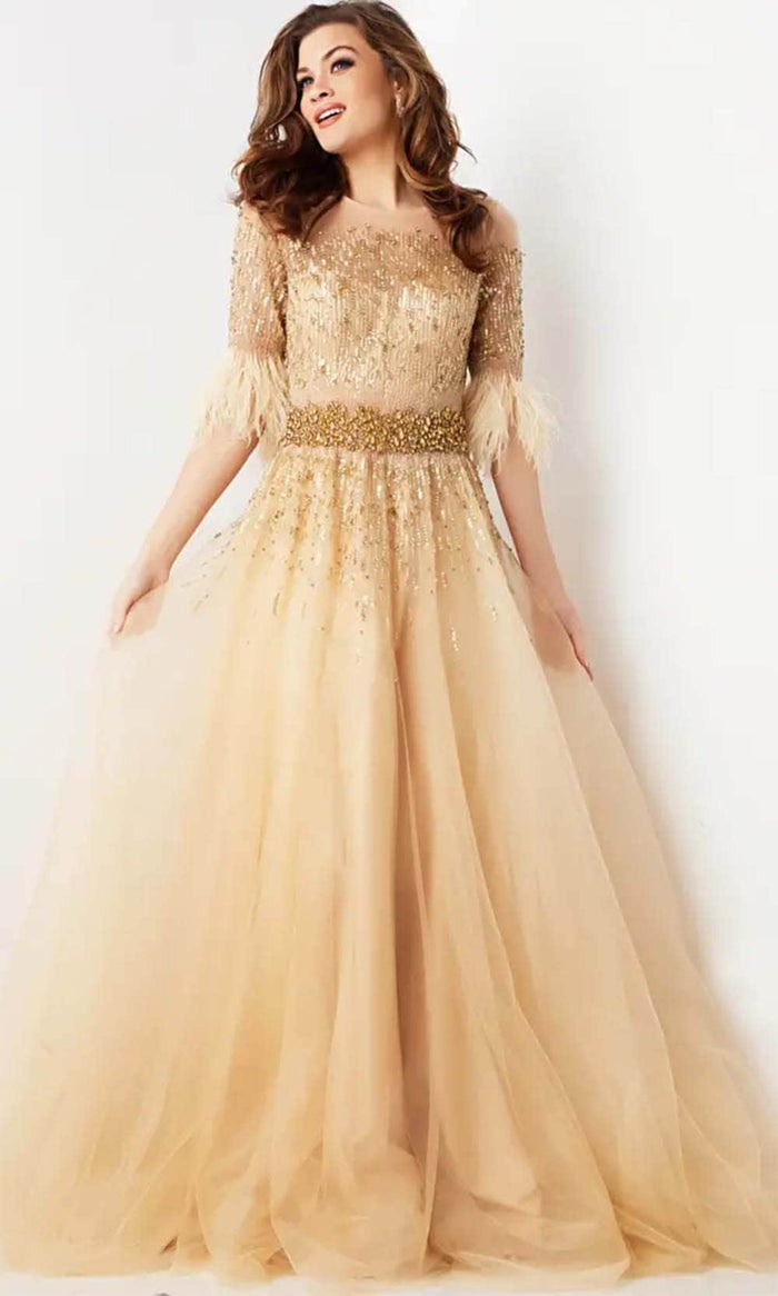 Jovani 23629 - Sequin Embellished Short Sleeve Prom Gown Evening Dresses 00 / Champagne