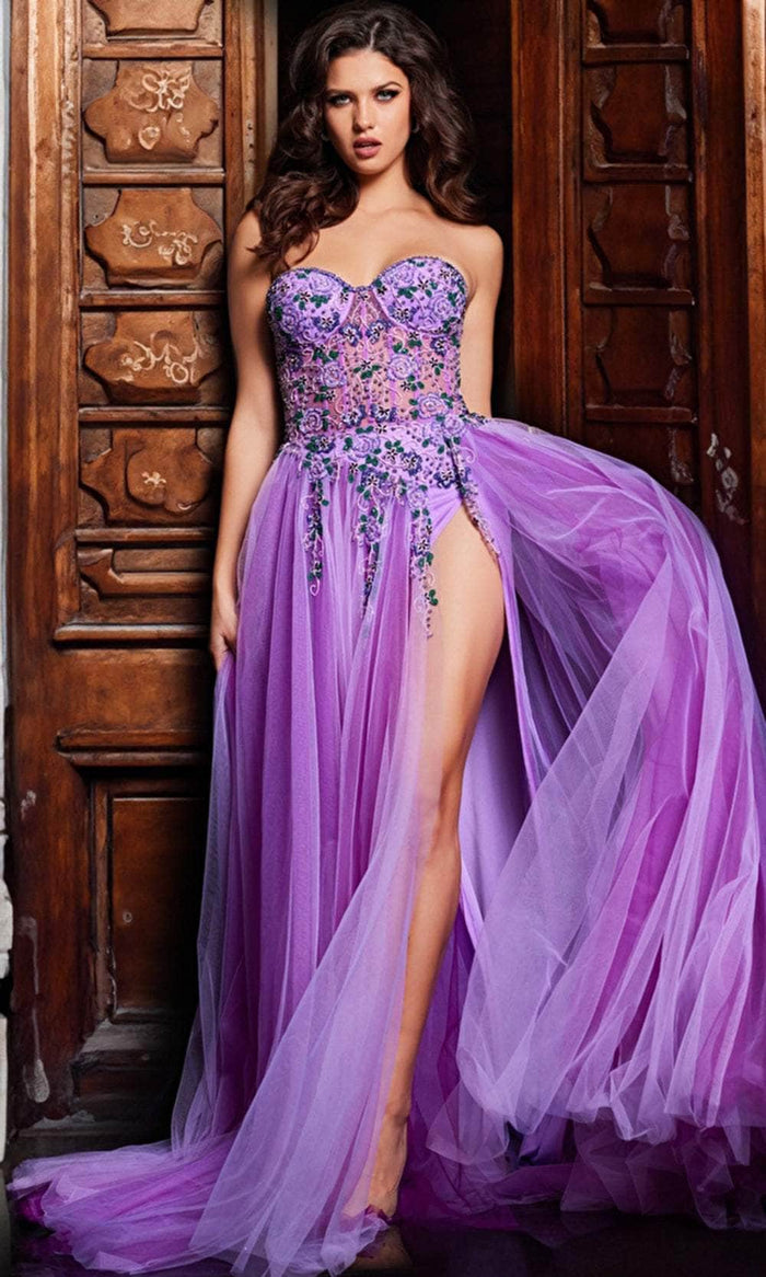 Jovani 23709 - Floral Embroidered Sleeveless Gown Evening Dresses 00 / Lilac