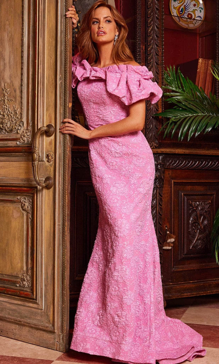 Jovani 23847SC - Ruffled Neckline Jacquard Evening Dress Evening Dresses 20 / Pink