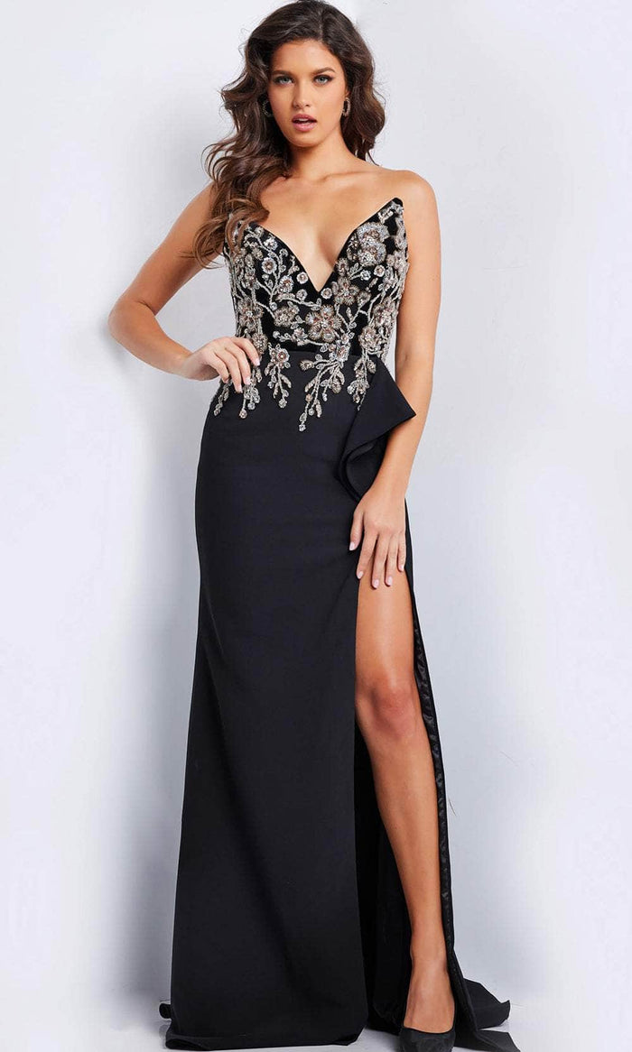 Jovani 23938 - Floral Beaded Evening Gown Special Occasion Dress 00 / Black