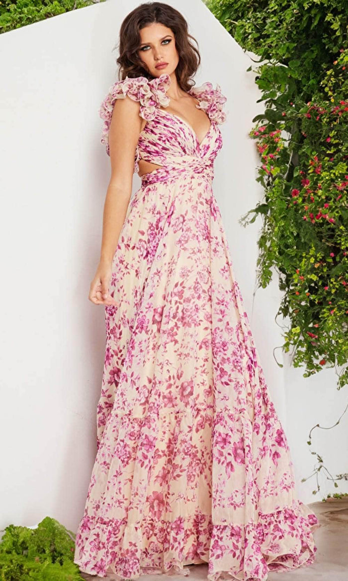 Jovani 24139 - Ruffled Floral Print Gown Special Occasion Dress 00 / Print