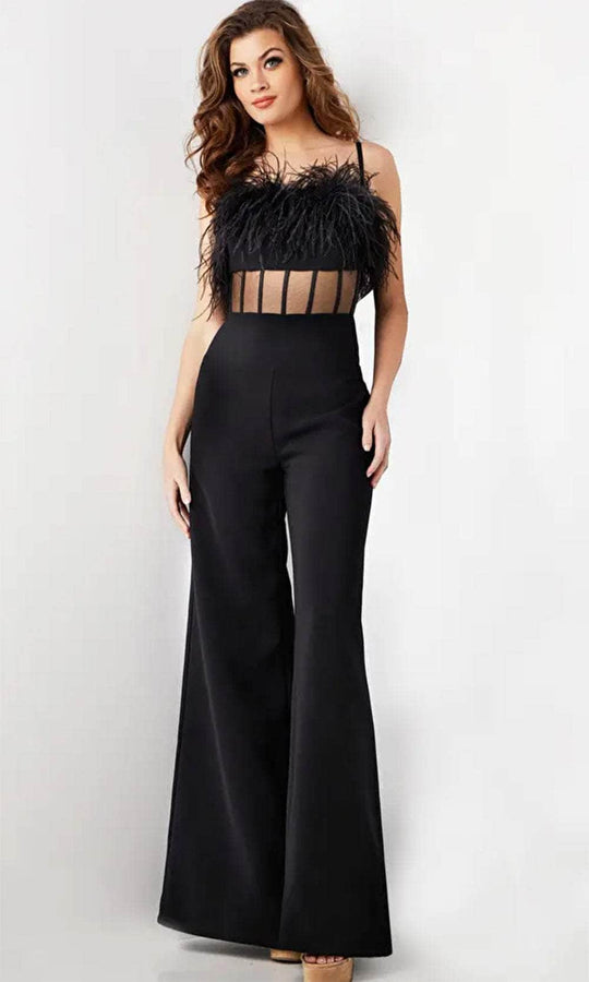 Jovani 24144 Sheer Feather Bodice Jumpsuit