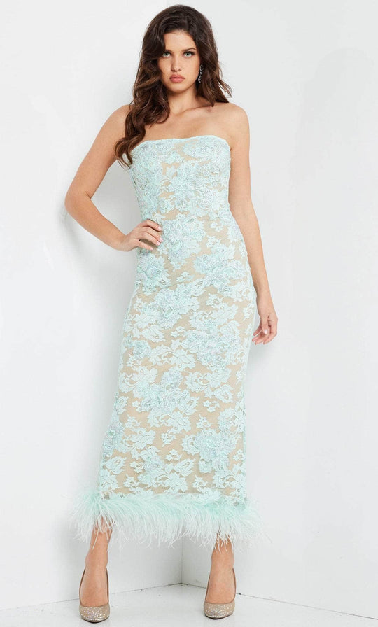 Jovani 24256 - Feather Hem Lace Evening Dress