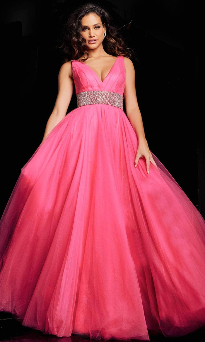 Jovani 24564 - Sleeveless Tulle Prim Dress with Slit Special Occasion Dress 00 / Hot Pink