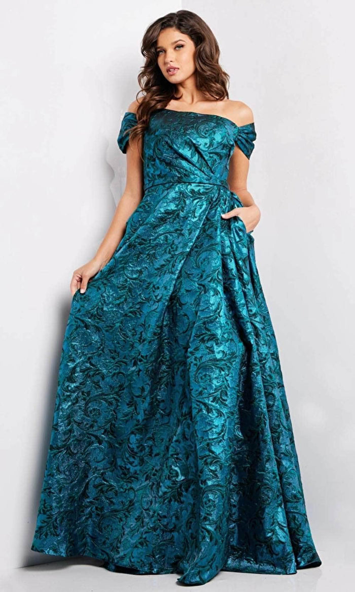 Jovani 25665 - Cap Sleeve Jacquard Evening Gown Special Occasion Dress 00 / Peacock/Teal