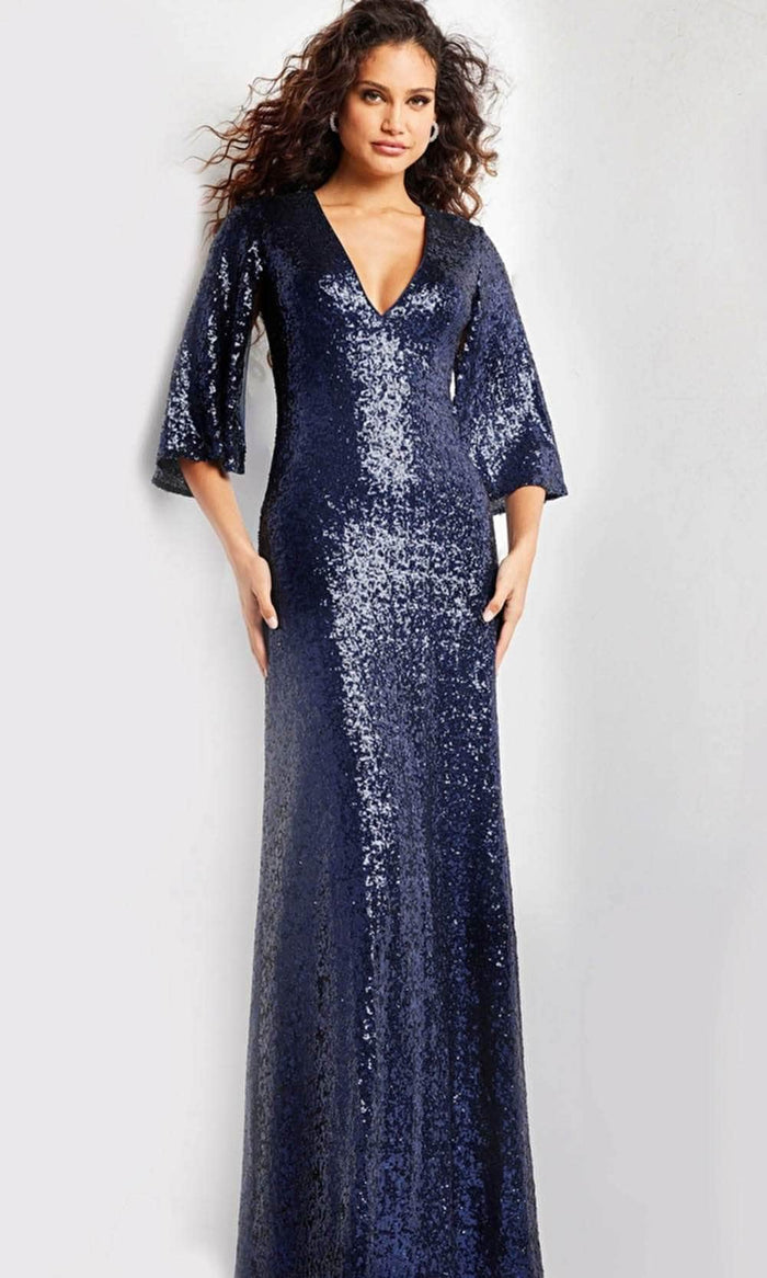 Jovani 25753 - Kimono Sleeve Evening Gown Special Occasion Dress 00 / Navy