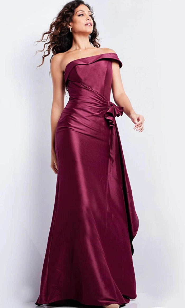 Jovani 25831 - Straight Ruched Waist Evening Gown Special Occasion Dress 00 / Burgundy
