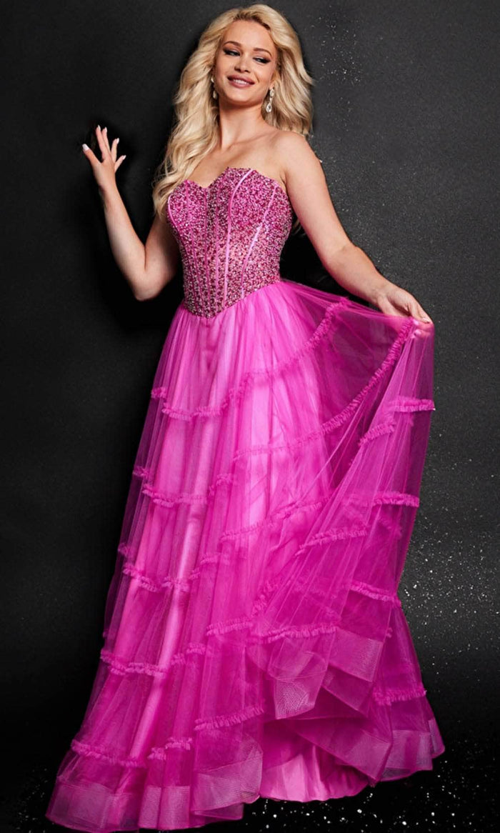 Jovani 26011 - Beaded Tulle Off Shoulder A-line Gown Prom Dresses 00 / Hot-Pink