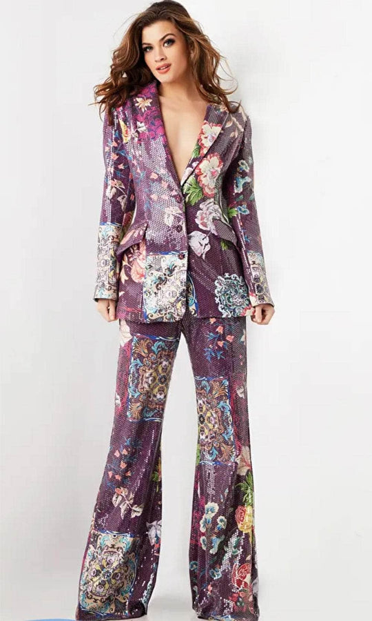 Jovani 26034 - Sequin Embellished Deep V-Neck Pantsuit